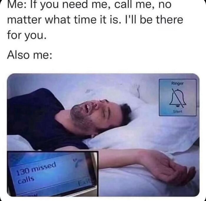 Random meme of man sleeping with phone showing 130 missed calls