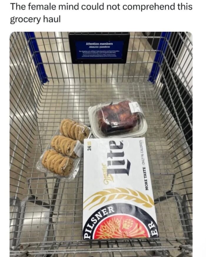 Grocery cart with beer, chicken, and cookies funny grocery meme