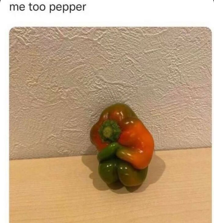 Unusual multi-colored bell pepper resembling a person hugging meme
