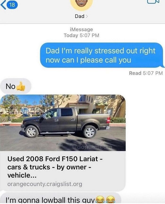 Text message exchange about stress and a used Ford F150 truck ad