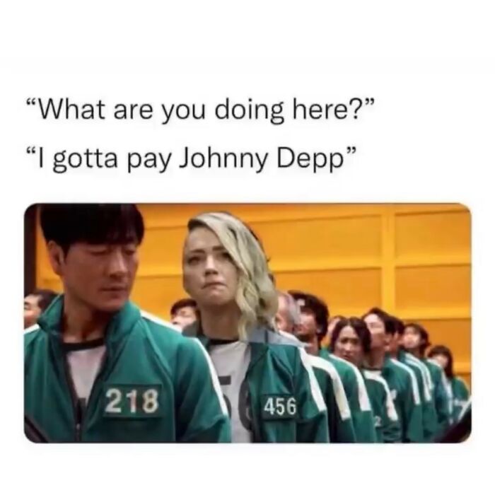 Meme with people in green tracksuits with text about paying Johnny Depp