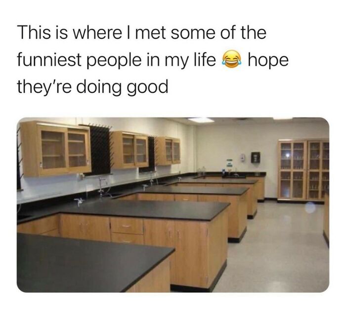 Empty classroom with wooden lab tables and cabinets meme about funny people