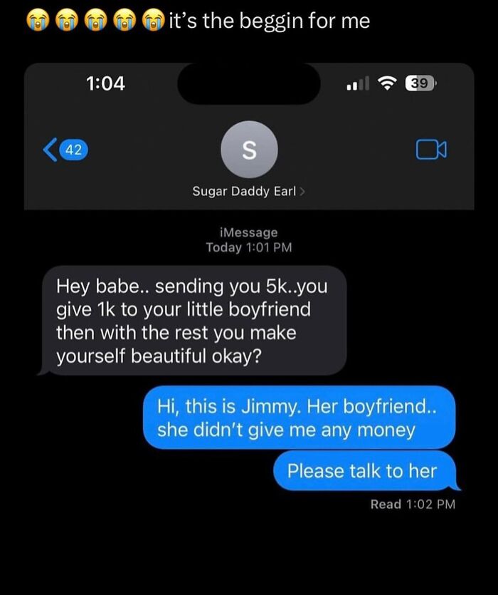 Text message exchange between sugar daddy and girlfriend's boyfriend about money