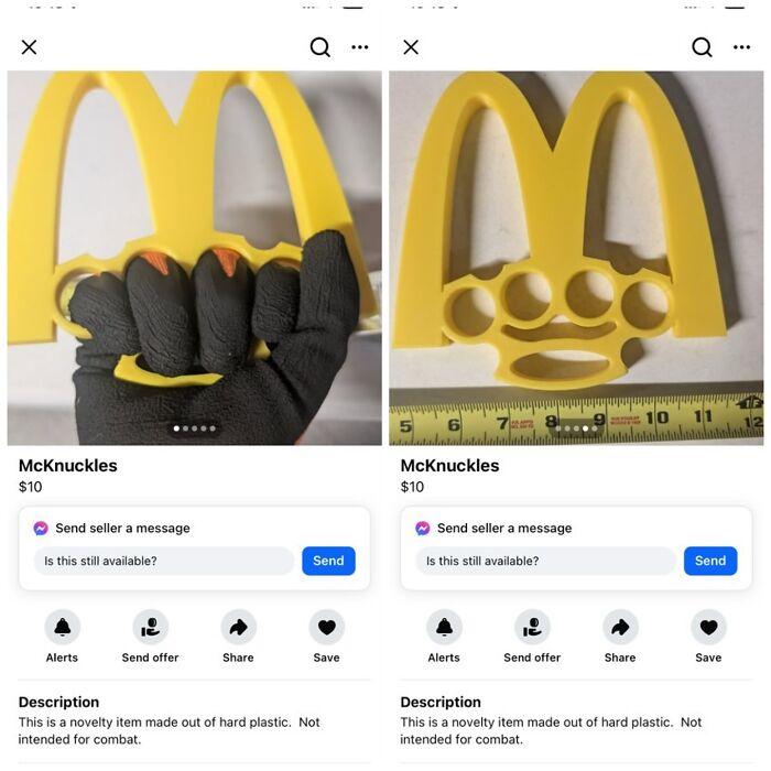 Novelty McKnuckles item made of hard plastic on Facebook Marketplace