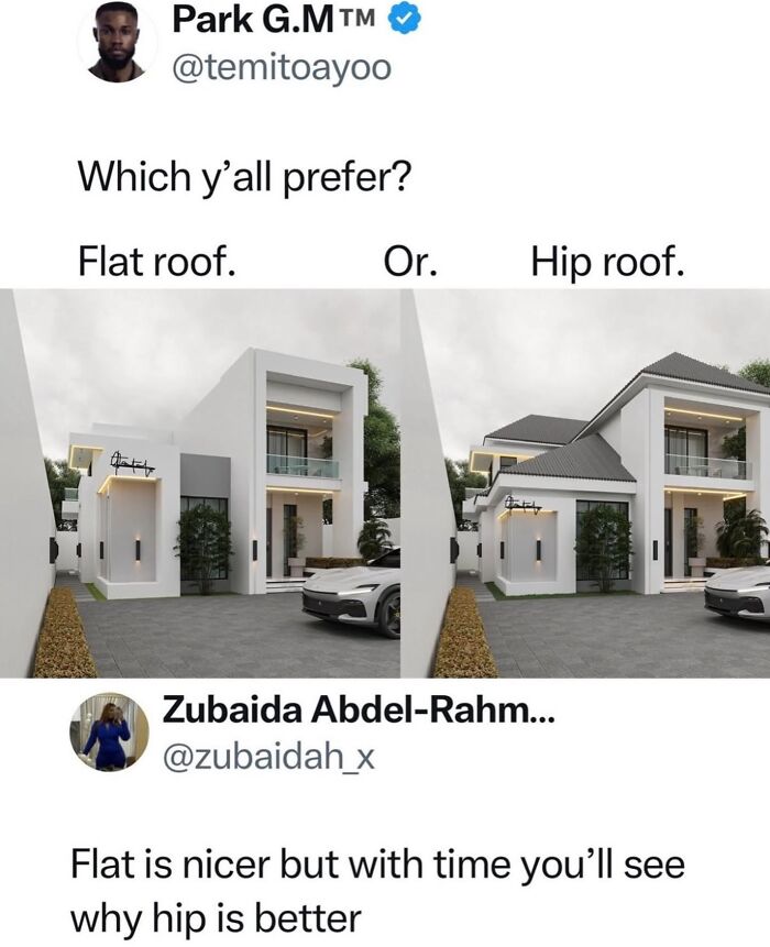 Comparison of flat roof and hip roof on modern house exterior design
