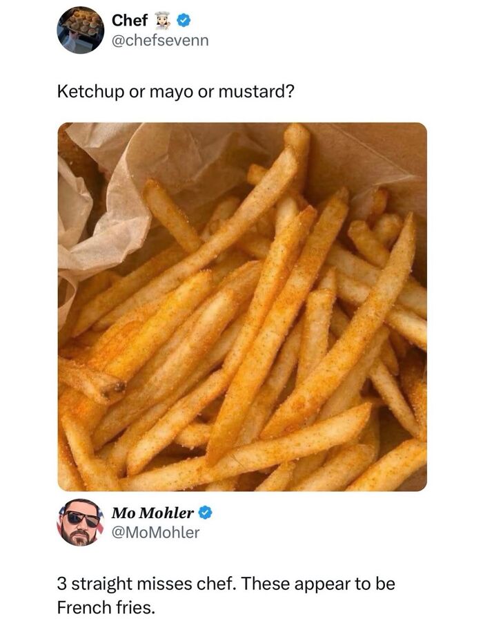 Close-up of seasoned French fries with tweets about ketchup, mayo, and mustard