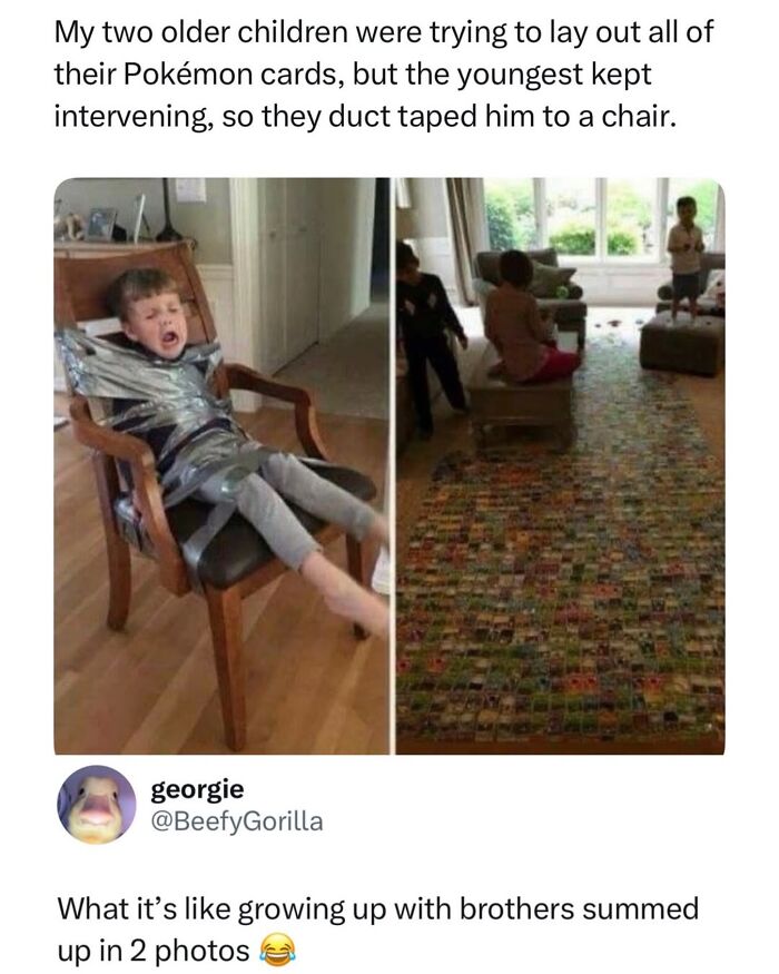 Child duct taped to chair while siblings play on floor covered with Pokemon cards