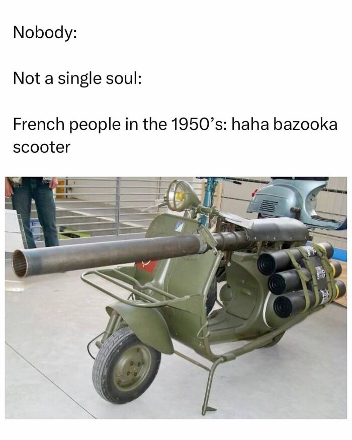 Military-style scooter with bazooka attachment from 1950s French origin
