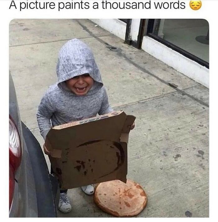 Random meme of a crying child next to a dropped pizza on sidewalk