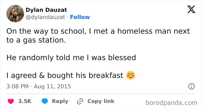 Tweet about meeting homeless man and buying his breakfast