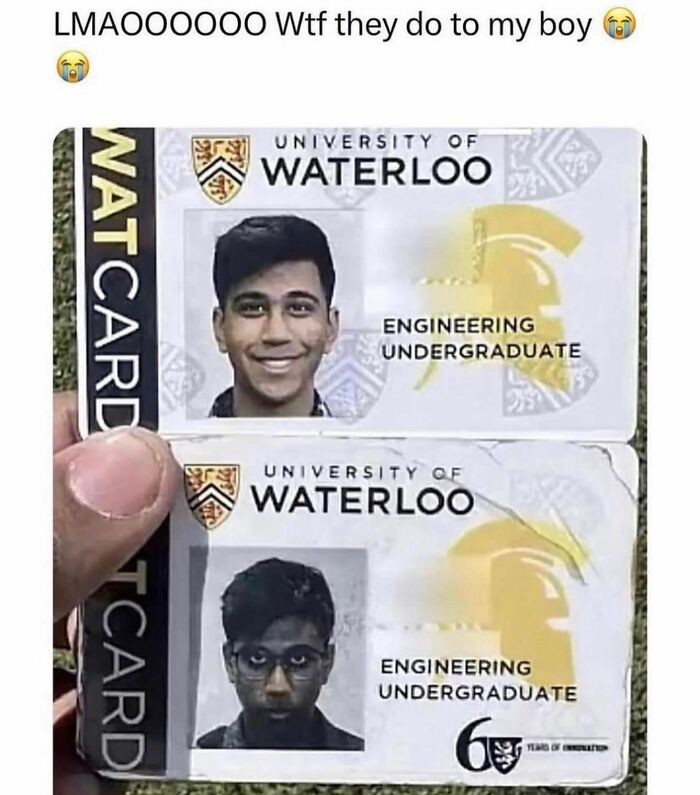 Before and after University of Waterloo student ID photos meme