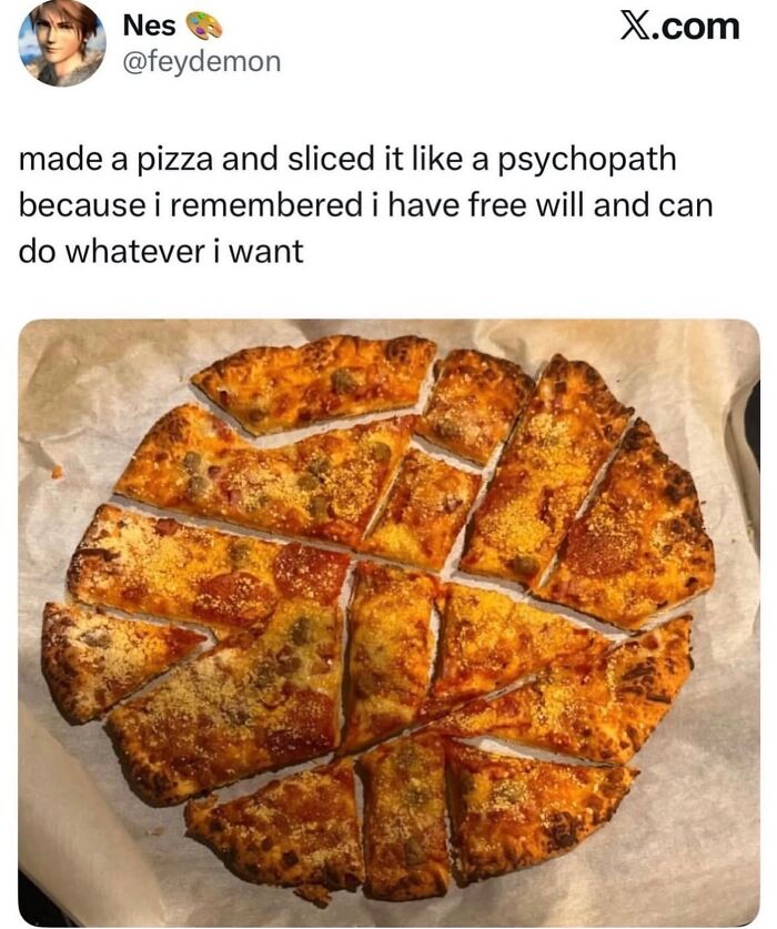 Pizza sliced irregularly with weird cuts meme