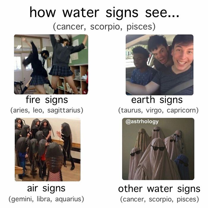 An astrology meme humorously depicts how water signs perceive other zodiac signs, offering relatable and funny insights.