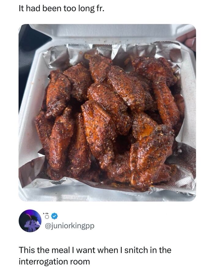 Box of spicy chicken wings meme about interrogation room meal