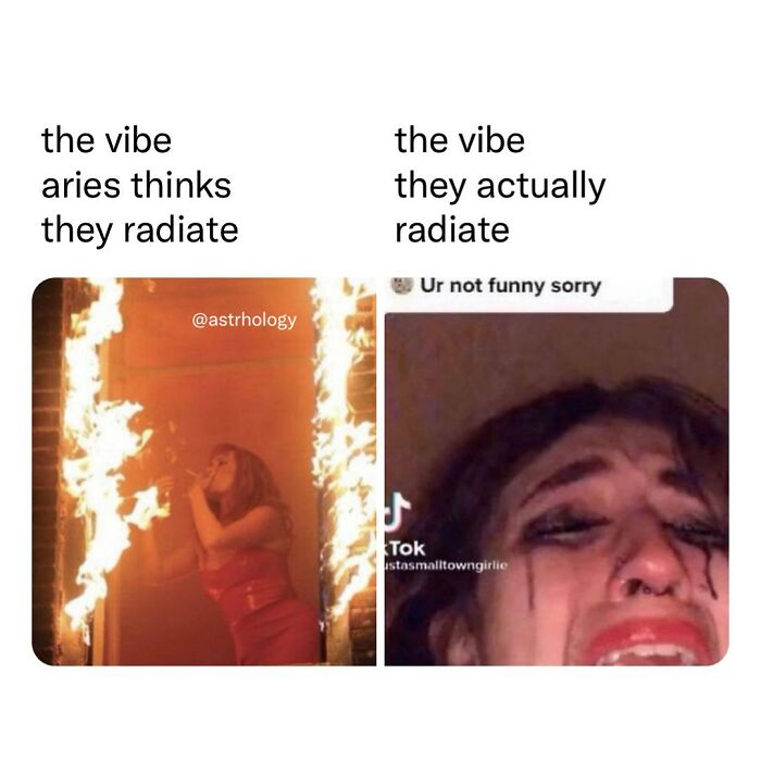 A funny astrology meme contrasting Aries' self-perception (fiery) with reality (crying, Ur not funny sorry). Relatable zodiac humor.