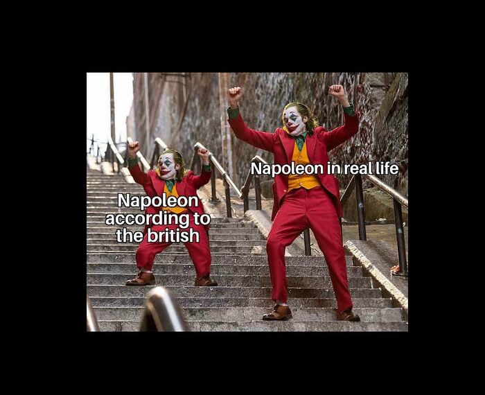A history meme featuring two Joker figures on stairs, one small and one large, depicting Napoleon. Funny history memes.