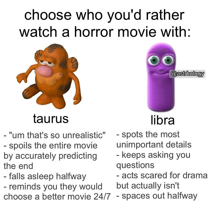 A funny astrology meme comparing Taurus and Libra traits when watching a horror movie. Relatable zodiac sign humor.