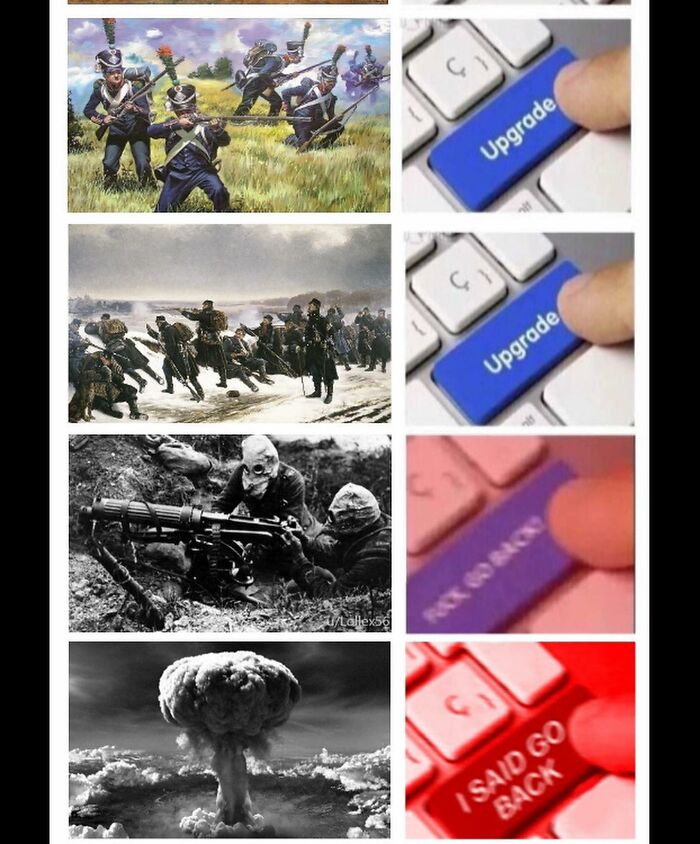 Funny history memes showing military evolution from muskets to nuclear bombs with corresponding upgrade/go back buttons.