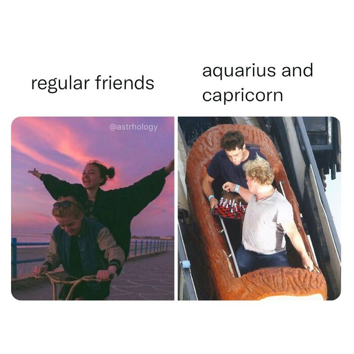 An astrology meme comparing regular friends enjoying a sunset to Aquarius and Capricorn looking serious on a roller coaster. Funny astrology memes.