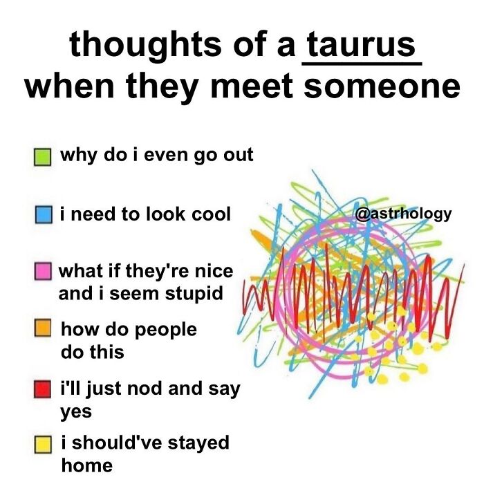 A relatable and funny astrology meme showing "thoughts of a Taurus when they meet someone" with chaotic lines.