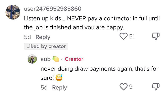 A social media screenshot showing user comments about a bad contractor, with the creator regretting draw payments.