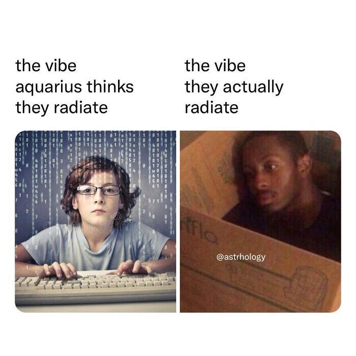A funny astrology meme for Aquarius, contrasting how they think they appear vs. how they actually appear to others.
