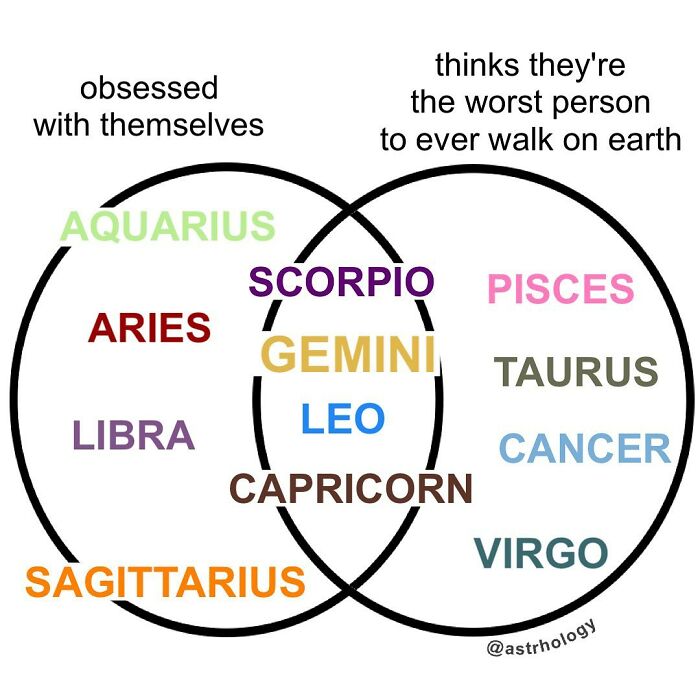 A funny astrology meme using a Venn diagram to categorize zodiac signs as "obsessed with themselves," "thinks they're the worst person," or both.