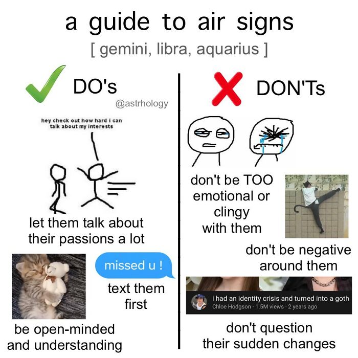 A funny astrology meme: Dos and Don'ts for air signs (Gemini, Libra, Aquarius). Relatable guide to zodiac signs.