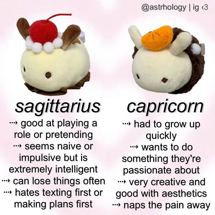 Astrology memes for Sagittarius and Capricorn zodiac signs, showing relatable characteristics and funny traits.