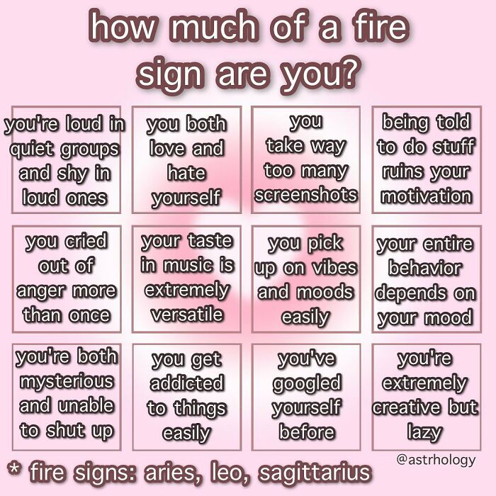 A pink astrology meme quiz asks "how much of a fire sign are you?" with relatable, funny traits for zodiac signs.