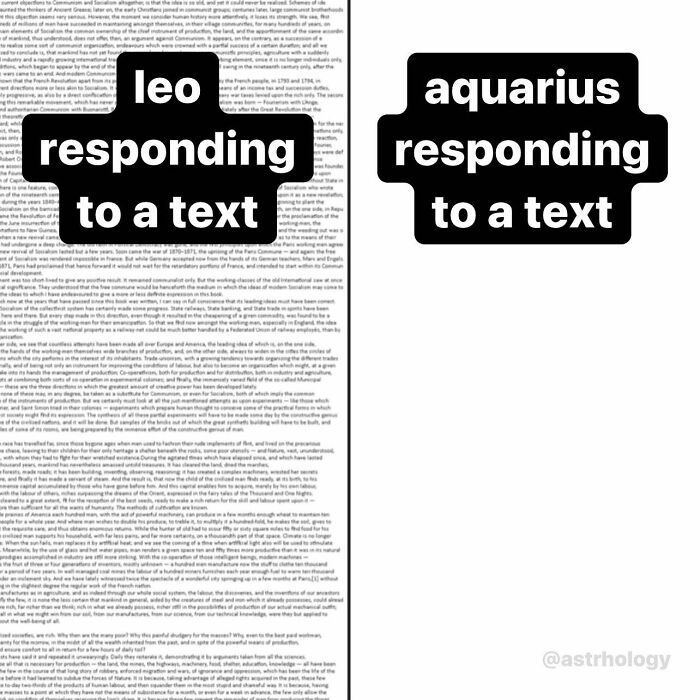 Two astrology memes: Leo responding to a text with a long paragraph, Aquarius responding concisely. Funny astrology memes.