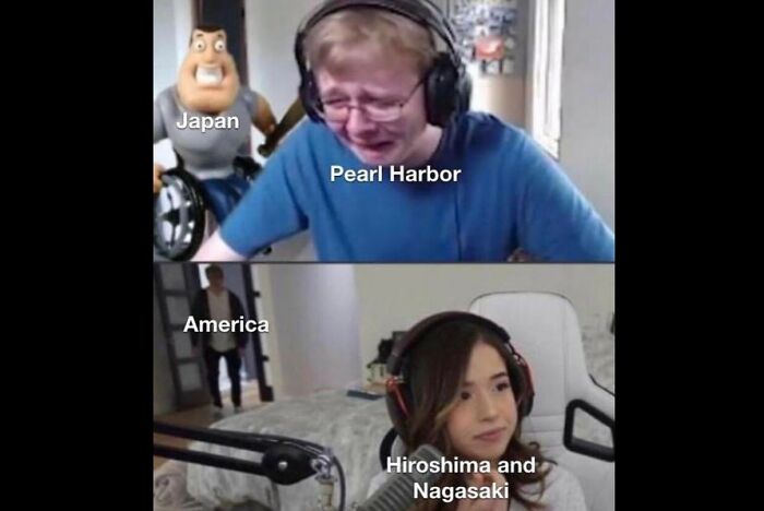 Funny history memes. A meme shows Japan (Joe Swanson) reacting to Pearl Harbor and America (guy looking back) reacting to Hiroshima and Nagasaki.