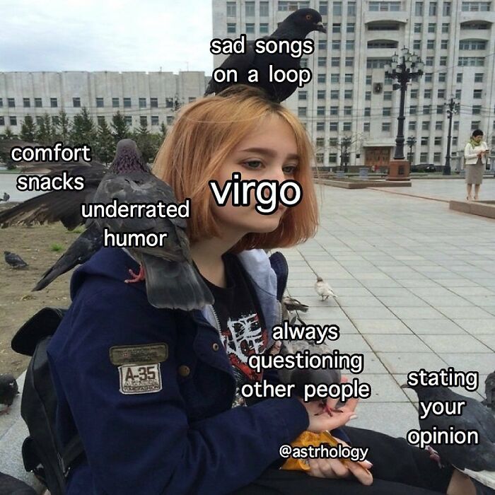 A relatable astrology meme showing a person as Virgo, surrounded by text labels like "sad songs," "comfort snacks," and "underrated humor."