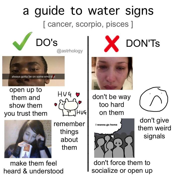 A relatable guide to water zodiac signs with funny astrology memes, illustrating dos and don'ts for cancer, scorpio, and pisces.