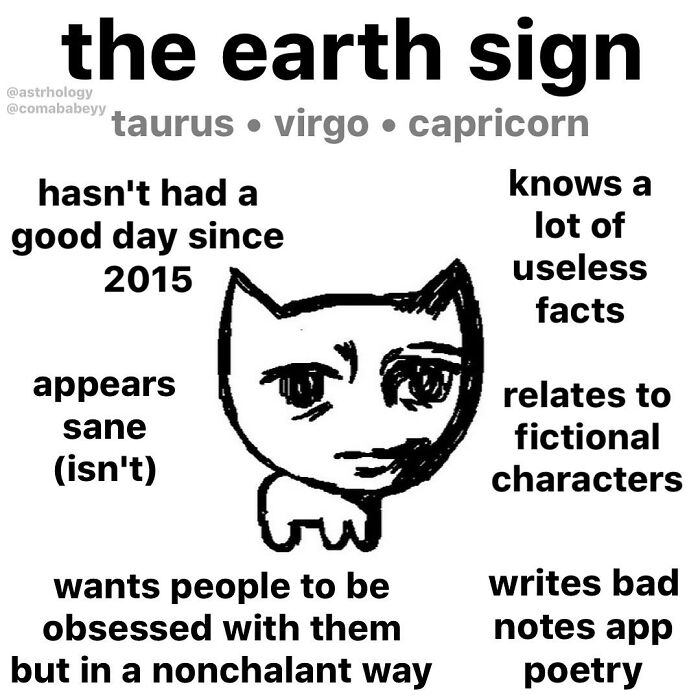 A funny astrology meme for Earth signs (Taurus, Virgo, Capricorn) featuring a distressed cat, highlighting relatable traits.