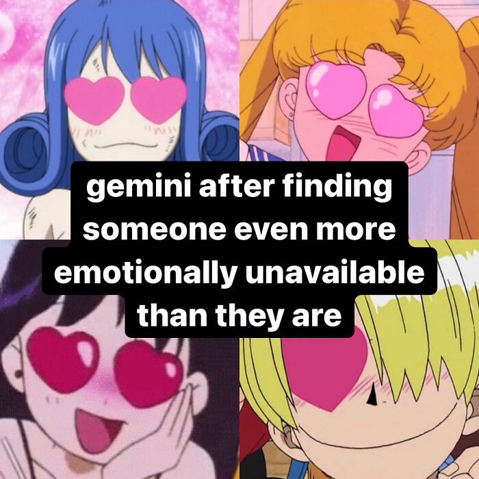 An astrology meme with four anime characters, all with heart eyes, and text about Gemini being emotionally unavailable. Relatable and funny astrology memes.