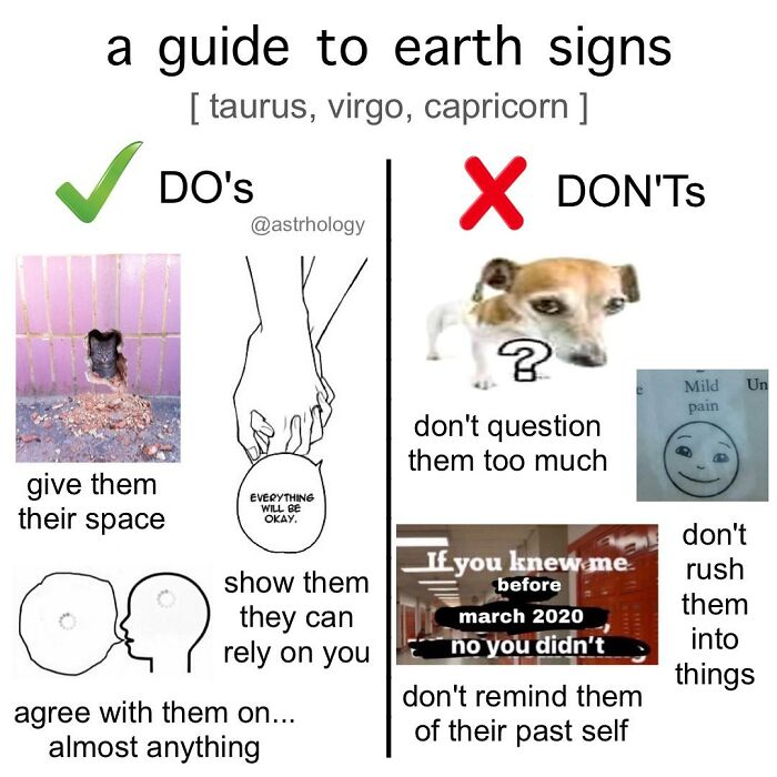 Funny astrology memes about earth signs (Taurus, Virgo, Capricorn): Do's and Don'ts for interacting with them.