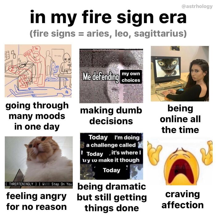 A collection of funny astrology memes about fire signs (Aries, Leo, Sagittarius) feeling angry and dramatic. Relatable zodiac signs humor.