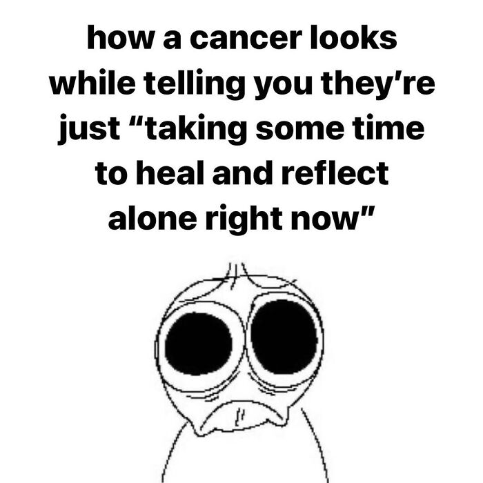 Funny astrology meme for Cancer zodiac signs, showing a sad-eyed character needing space to heal. Relatable content.