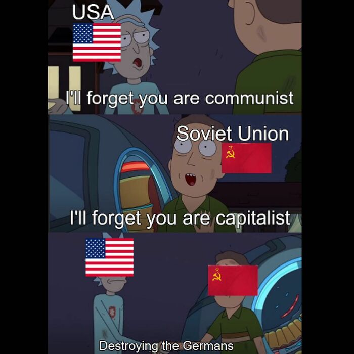 Funny history memes: Rick and Morty characters represent USA and Soviet Union, temporarily setting aside differences to fight Germans.