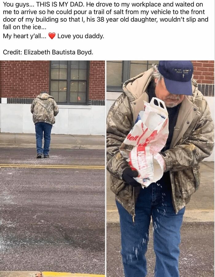 Man spreading salt on icy parking lot to prevent slipping with wholesome family care