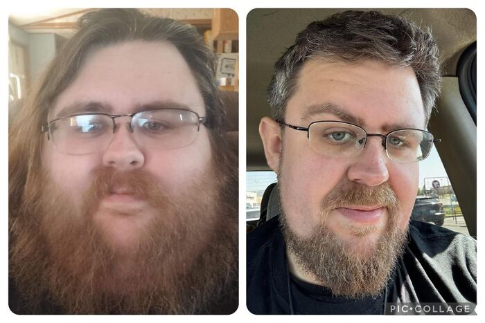 Before and after photos of a man showing weight loss and grooming change