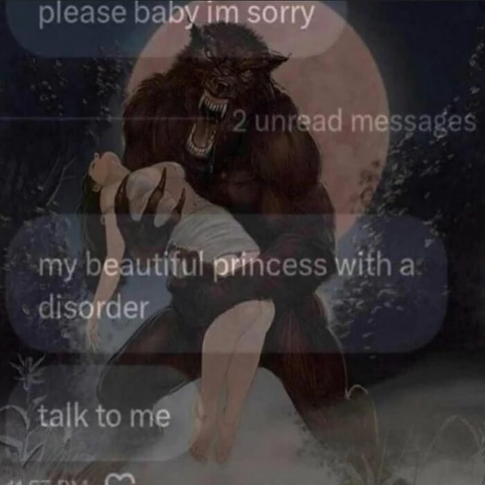 Weird image of a werewolf holding a woman with text messages overlayed