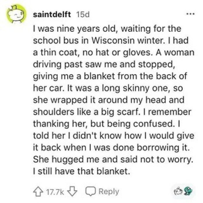 Text post about a kind woman giving a blanket on a cold Wisconsin winter day