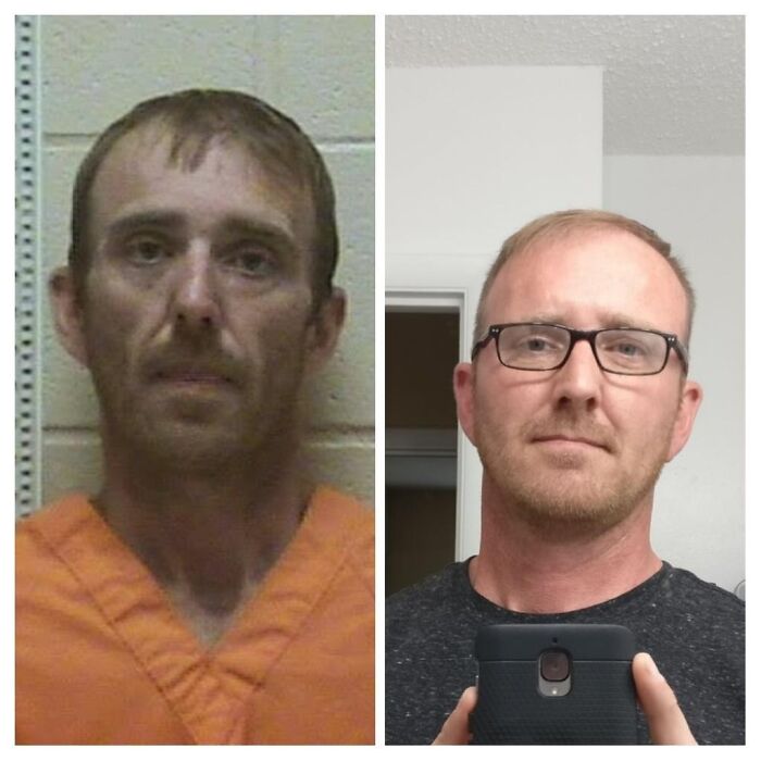 Before and after photos of a man showing personal transformation