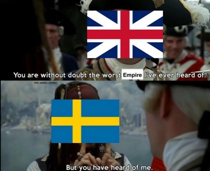 Funny history memes from Pirates of the Caribbean: British flag above criticizing words, Swedish flag above Jack Sparrow.