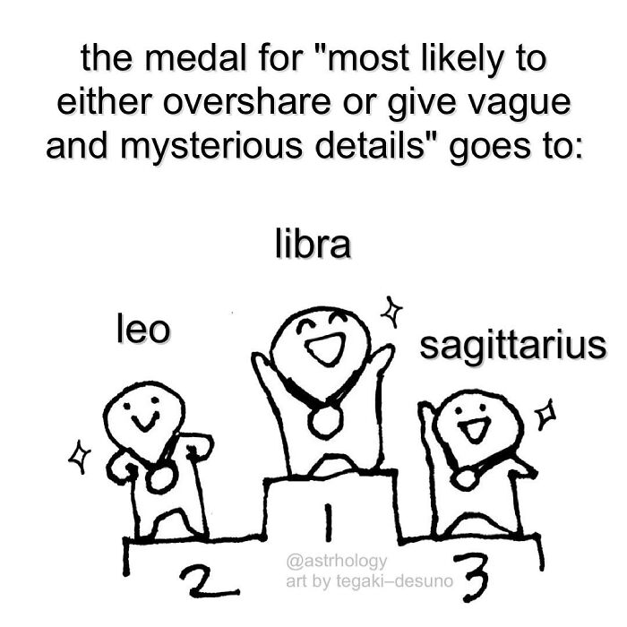 Funny astrology memes show a podium with Libra in 1st, Leo 2nd, and Sagittarius 3rd for oversharing or being vague.