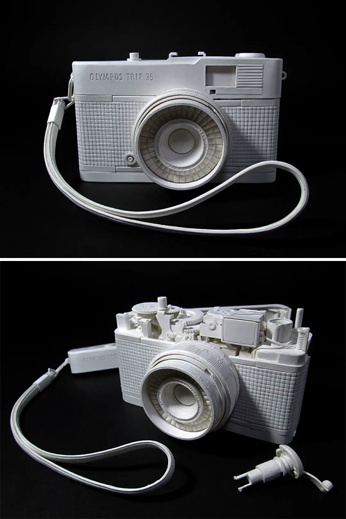Paper Olympus Trip 35 camera with strap and detailed parts