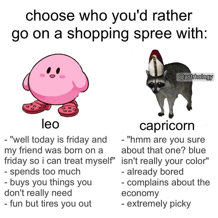 Funny astrology meme: a Leo (Kirby) and Capricorn (raccoon) compared for a shopping spree. Relatable zodiac humor.
