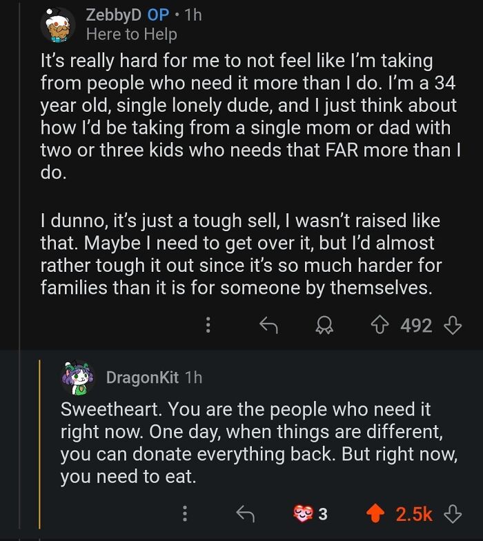 Reddit post about struggling with accepting help, replied with encouragement and kindness